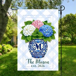 Custom Floral House Banner, Personalized Blue White Ginger Jar Garden Flag, Mothers Day Gift for Her, Spring Hydrangea Yard Decor