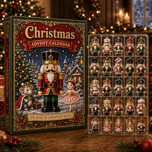 Può includere: Un calendario dell'Avvento natalizio con un'illustrazione di uno schiaccianoci, un topo e una ballerina con il testo Christmas Advent Calendar 24 Days of Christmas Magic, accanto a un vassoio in plastica trasparente con 24 piccoli ornamenti.