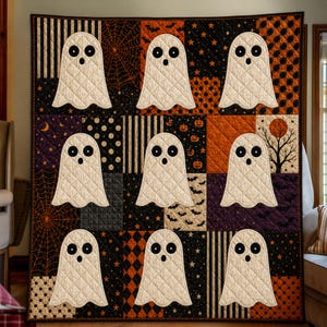 Könnte beinhalten: Ein rechteckiger Quilt mit einem Raster aus neun weißen Geister-Applikationen mit schwarzen Augen und Mündern. Der Hintergrund besteht aus Patchwork-Quadraten in Schwarz, Orange und Lila, verziert mit Spinnennetzen, Fledermäusen, Sternen und Kürbissen.