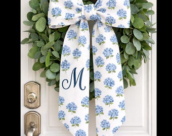 Personalisierte Hortensie Kranz Schärpe Blau Blumen Monogramm Bogen Haustür Dekor Benutzerdefinierte Anfang Porch Wrap Frühling Sommer Dekoration Geschenk