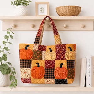 May include: A quilted tote bag featuring a patchwork design of orange pumpkins, black and tan buffalo check squares, and floral patterns in shades of red, yellow, and green. The bag has two matching fabric handles and a diamond-stitched texture.