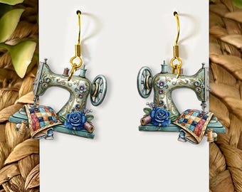 Acryl en hout naaimachine oorbellen, quilt sieraden cadeau, accessoire naaister en naaister, ambachtelijke minnaar oorbellen, leuk naaicadeau