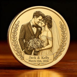 Peut inclure: Une pièce commémorative circulaire de couleur dorée présentant une illustration gravée d'un couple en tenue de mariage. Le design comprend une bordure de couronne de laurier et une bannière en bas avec le texte Jack & Kelly March 12th, 2026.