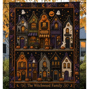 May include: A rectangular fabric quilt featuring a detailed Halloween-themed village scene with two rows of houses in shades of orange, purple, and black. The design includes ghosts, pumpkins, and cats, with the text The Witchwood Family at the bottom.