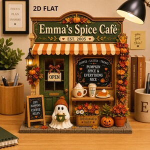 Könnte beinhalten: Ein Miniaturmodell des Emma's Spice Cafe mit grüner Tür, orange gestreifter Markise und herbstlicher Dekoration. Eine Geisterfigur hält eine grüne Tasse. Ein Schild zeigt Life Happens Coffee Helps und Pumpkin Spice & Everything Nice.