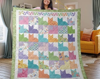 Colorful Cat Quilt Patchwork Kitten Blanket Cute Animal Throw Bedding Scrappy Feline Home Decor Gift For Cat Mom Kids Room Nursery Art