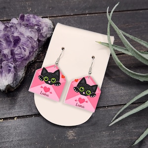 Cute Cat Love Letter Earrings Romantic Pink Valentine Gift For Her Black Kitten In Envelope Jewelry Fun Whimsical Statement Dangle Gift