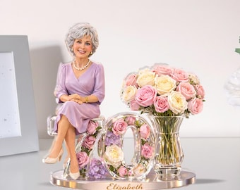 Plaque acrylique personnalisée 70e anniversaire, nom personnalisé, souvenir d'âge pour maman, grand-mère, décoration de table florale violette, cadeau de joyeux anniversaire