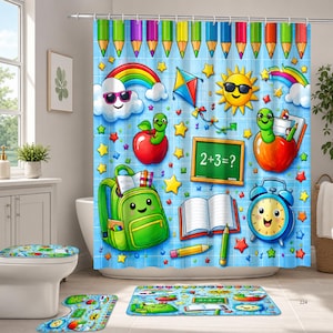 May include: A light blue shower curtain and matching bathroom mats featuring a grid pattern with colourful school-themed illustrations including a green backpack, red apples with worms, a chalkboard with 2+3=?, a sun, a kite, and a blue alarm clock.