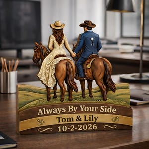 May include: A wooden wedding decoration featuring a couple on horseback, holding hands. The bride wears a cream-colored dress and hat, while the groom is in a blue suit and cowboy hat. The base reads "Always By Your Side" with names and a date.