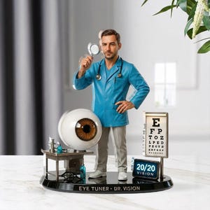 May include: A figurine of an eye doctor in a blue coat, holding a magnifying glass, with a large eye model and an eye chart. The base reads "EYE TUNER • DR. VISION" and a screen displays "20/20 VISION".