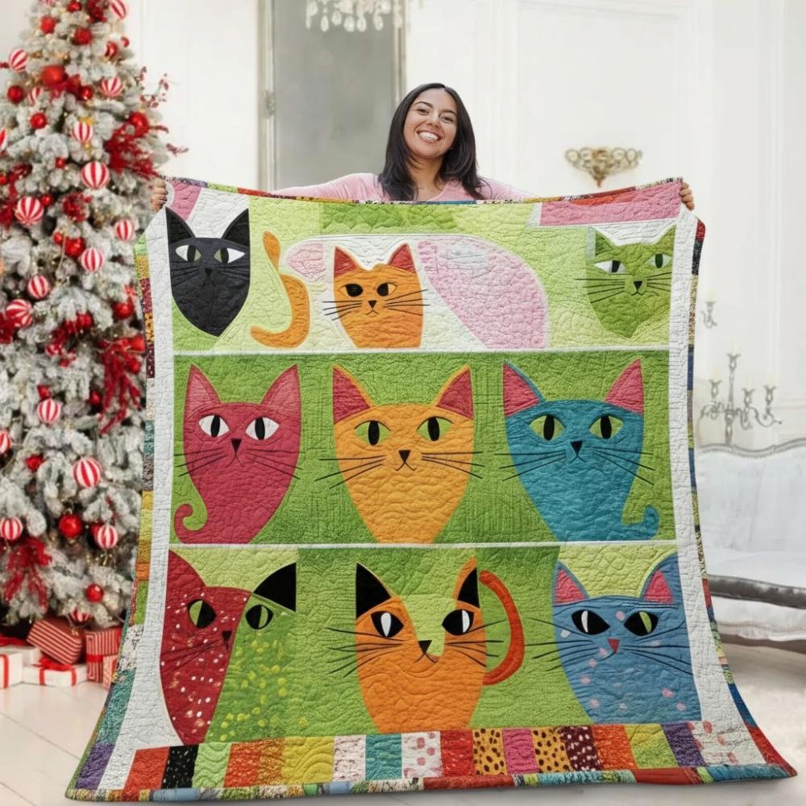 Colorful Cat Quilt Modern Kitten Blanket Abstract Art Bedding Funny ...