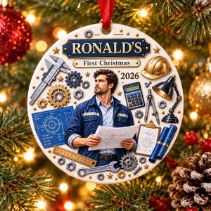 Può includere: Un ornamento rotondo in ceramica con il testo RONALD'S First Christmas 2026. Il design include un uomo in camicia da lavoro blu che tiene dei progetti, circondato da strumenti ingegneristici come un calibro, ingranaggi, calcolatrice e casco.