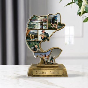 Collage de fotos de pesca personalizado, placa acrílica, marco de fotos personalizado con forma de pez, regalo de pescador para papá, decoración de trofeo de pesca de lubina