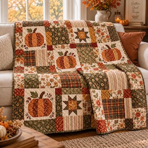 May include: A patchwork quilt featuring a repeating pattern of orange pumpkins, star shapes, and floral motifs in shades of brown, green, and cream. The fabric squares are stitched together with a grid design, showcasing autumn-themed colors.