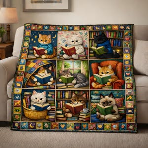 Op de afbeelding: Een kleurrijke sprei met negen vierkanten, elk met een kat die een boek leest. De katten, van verschillende rassen en kleuren, staan tegen achtergronden van boekenkasten, sterrennachten en bloemmotieven. De sprei heeft een decoratieve rand.