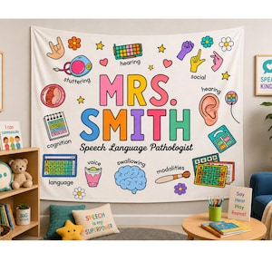 May include: A white wall tapestry featuring the text MRS. SMITH Speech Language Pathologist in colorful letters, surrounded by illustrations of speech therapy tools, anatomical icons, and hand signs, including a brain, ear, and communication boards.