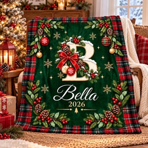 Personalized Monogram Christmas Blanket 2026, Custom Initial Name Green Tartan Plaid Throw Fleece Cozy Holiday Home Decor Gift, GIFT 2026