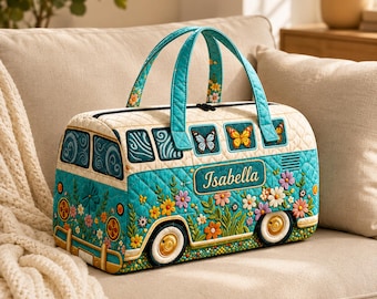 Sac de sport matelassé personnalisé Bus : sac fourre-tout floral hippie pour camping-car et voyage pour week-end