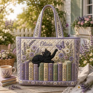 May include: A quilted tote bag featuring a black cat resting on a row of books, surrounded by embroidered lavender and daisy flowers. The name Olivia is stitched in script above the cat, which is reaching toward a purple butterfly. The bag has light purple trim and handles with a floral pattern.