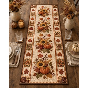 May include: A rectangular quilted table runner featuring a cream-colored center panel decorated with repeating motifs of orange pumpkins, yellow sunflowers, and brown autumn leaves, bordered by a brown frame with a checkered and leaf pattern.