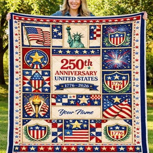 Custom Name American Semiquincentennial Blanket, 250 Years Of Liberty Quilt, Patriotic Anniversary Keepsake Gift, United States Decor