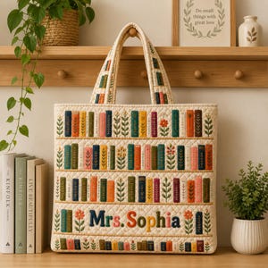 May include: A quilted tote bag featuring an embroidered pattern of colorful books and floral stems arranged on shelves. The text Mrs. Sophia is embroidered in the center in multi-colored letters. The bag has two matching quilted handles.