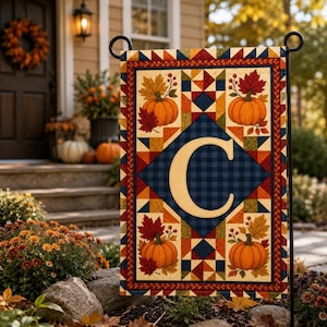 Custom Fall Garden Flag With Pumpkins, Leaves, Checkered Background, Monogram Letter, Personalized Outdoor Porch Decor 2026