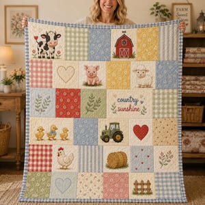 May include: A patchwork quilt featuring a grid of squares with illustrations of a cow, a red barn, a pig, a sheep, a green tractor, a chicken, and a hay bale, interspersed with hearts, floral patterns, gingham, and the text country sunshine.