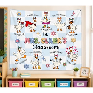 May include: A light blue and white checkered wall tapestry featuring cartoon ducks with bows and accessories. Text reads: In MRS. CLARK'S Classroom, You Are Brave, You Are Enough, You Are Smart, You Are Loved, You Are Strong, You Are Helpful, You Are Grateful, You Are Kind, You Are Unique.