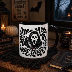 Skrikmugg, present 2026, Ghostface-kaffekopp, personlig skräcktekopp, läskig filmmugg, anpassad namnmugg, Halloweenpresent till honom