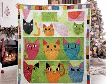 Colorful Cat Quilt Modern Kitten Blanket Abstract Art Bedding Funny Feline Throw Gift For Cat Mom Pet Lover Scrappy Patchwork Decor