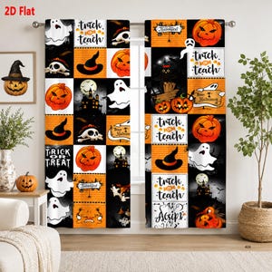 Puede incluir: Un par de cortinas de ventana con un patrón de cuadrícula en negro, blanco y naranja con motivos de Halloween que incluyen calabazas, fantasmas, sombreros de bruja, casas encantadas y el texto "trick or teach" y "trick or treat".