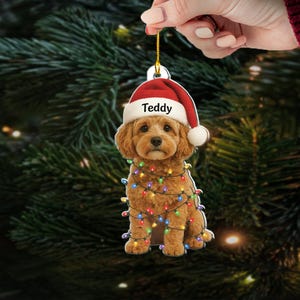 May include: A Christmas ornament featuring a brown dog wearing a Santa hat with the name "Teddy" and wrapped in colorful Christmas lights. The ornament is held by a hand against a backdrop of a Christmas tree.