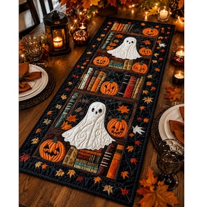 Peut inclure: Un chemin de table matelassé rectangulaire présentant un fond sombre avec un motif de livres empilés, de citrouilles orange et de fantômes blancs. La bordure est décorée d'un motif répétitif de feuilles d'automne et de toiles d'araignée.