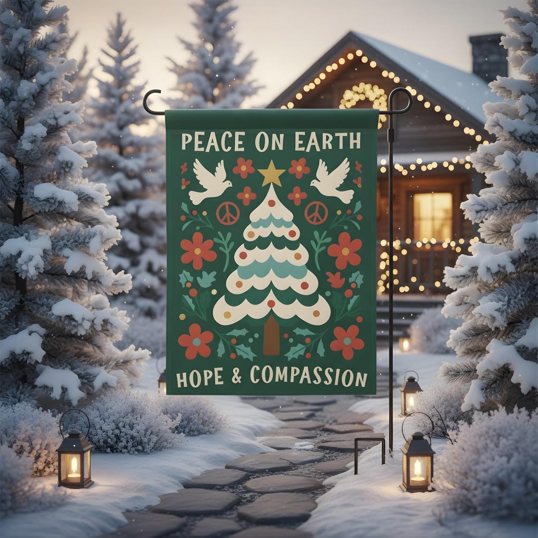 Peace on Earth Hope Compassion Garden Flag, Retro Christmas Tree Decor ...