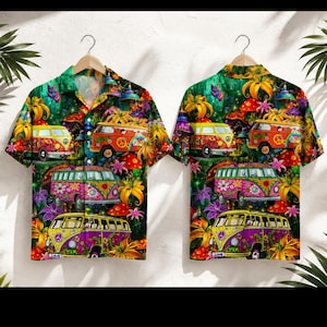 May include: Two short-sleeved button-down shirts with a colorful, psychedelic design. The shirts feature a repeating pattern of vintage VW buses, flowers, mushrooms, and butterflies in vibrant colors. The word "Peace" is visible on one shirt.