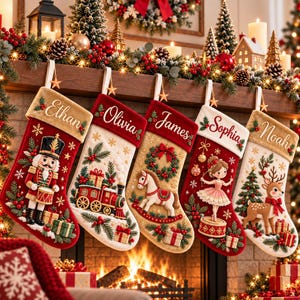 May include: Five personalised Christmas stockings hanging in a row. The stockings feature embroidered names Ethan, Olivia, James, Sophia, and Noah, with festive designs including a nutcracker, a steam train, a rocking horse, a ballerina, and a reindeer.