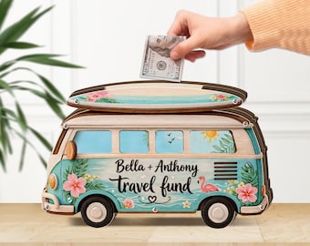 Hucha personalizada para viajes, caja de ahorros para aventuras, tarro de dinero acrílico con forma de furgoneta tropical, regalo de cumpleaños para pareja o amigo.