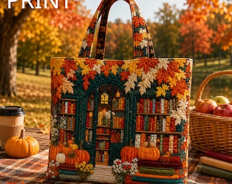 Quilted Autumn Bookshelf Tote Bag: Floral Pumpkin Book Lover Gift