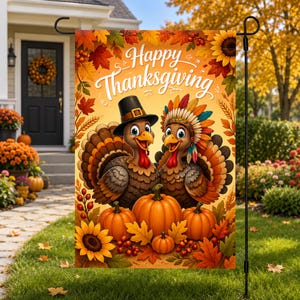 Personalized Thanksgiving Turkey Pumpkin Garden Flag – Autumn Fall Yard Decor