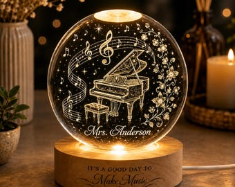 Personalized Grand Piano Crystal Ball Night Light – Music Teacher Gift, Desk Lamp, Classroom Decor