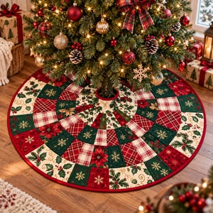 May include: A circular Christmas tree skirt featuring a patchwork design of red, green, and cream fabric panels. The pattern includes printed poinsettias, holly leaves, berries, plaid textures, and gold-colored snowflake motifs with a red border.