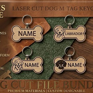 May include: A digital bundle of laser cut dog tag keychain designs featuring bone, heart, and circular shapes with engraved dog portraits, paw prints, and the text NAME. The graphic includes the text GET THIS BUNDLE NOW, SVG CUT FILE BUNDLE.