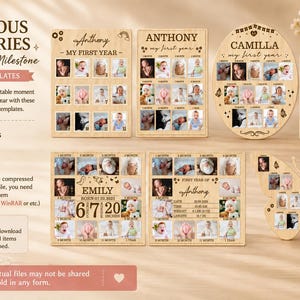 Peut inclure: Une collection de modèles photo numériques pour les étapes de croissance de bébé, avec des designs en bois, incluant des formes rectangulaires, ovales et papillon. Chaque modèle comporte des espaces pour douze photos mensuelles et des données.