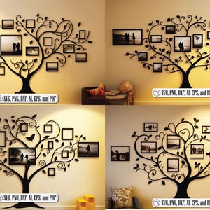 Peut inclure: Décoration murale en métal noir en forme d'arbre avec plusieurs cadres photo. La conception de l'arbre comprend un tronc, des branches, des feuilles et des cadres carrés et rectangulaires de différentes tailles. Le texte "SVG, PNG, DXF, AI, EPS et PDF" est inclus.