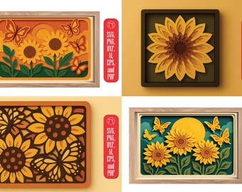 Könnte beinhalten: Vier Wandkunst-Designs im mehrschichtigen Papierschnitt-Stil mit Sonnenblumen und Schmetterlingen in Gelb-, Orange- und Grüntönen. Jedes Design enthält ein rotes vertikales Etikett mit dem Text SVG, PNG, DXF, AI, EPS und PDF.