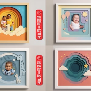 May include: Four framed paper art pieces with layered designs. One features a rainbow and two children, another a baby with balloons and stars, a third a baby with animals, and the last a layered cloud design with stars.