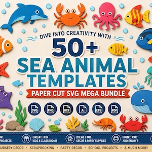 Puede incluir: Una colección digital de 50+ plantillas de animales marinos con coloridas ilustraciones estilo recorte de papel de delfín, cangrejo, pulpo, pez, tortuga, caballito de mar, medusa, ballena y coral. El texto dice 50+ SEA ANIMAL TEMPLATES.