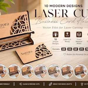 Może przedstawiać: Drewniany wizytownik wycinany laserowo z geometrycznym wzorem i napisem Aurora Studio. Obraz przedstawia 10 nowoczesnych wzorów, grubość materiału 3 mm oraz formaty plików, w tym CDR, SVG, DXF, EPS, PDF i PNG do wycinania laserowego.